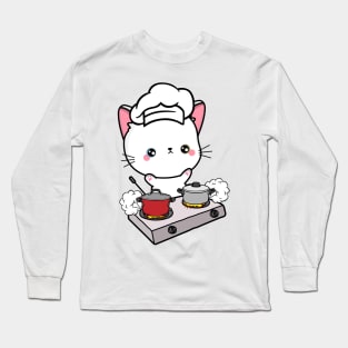 Funny White Cat is cooking Long Sleeve T-Shirt